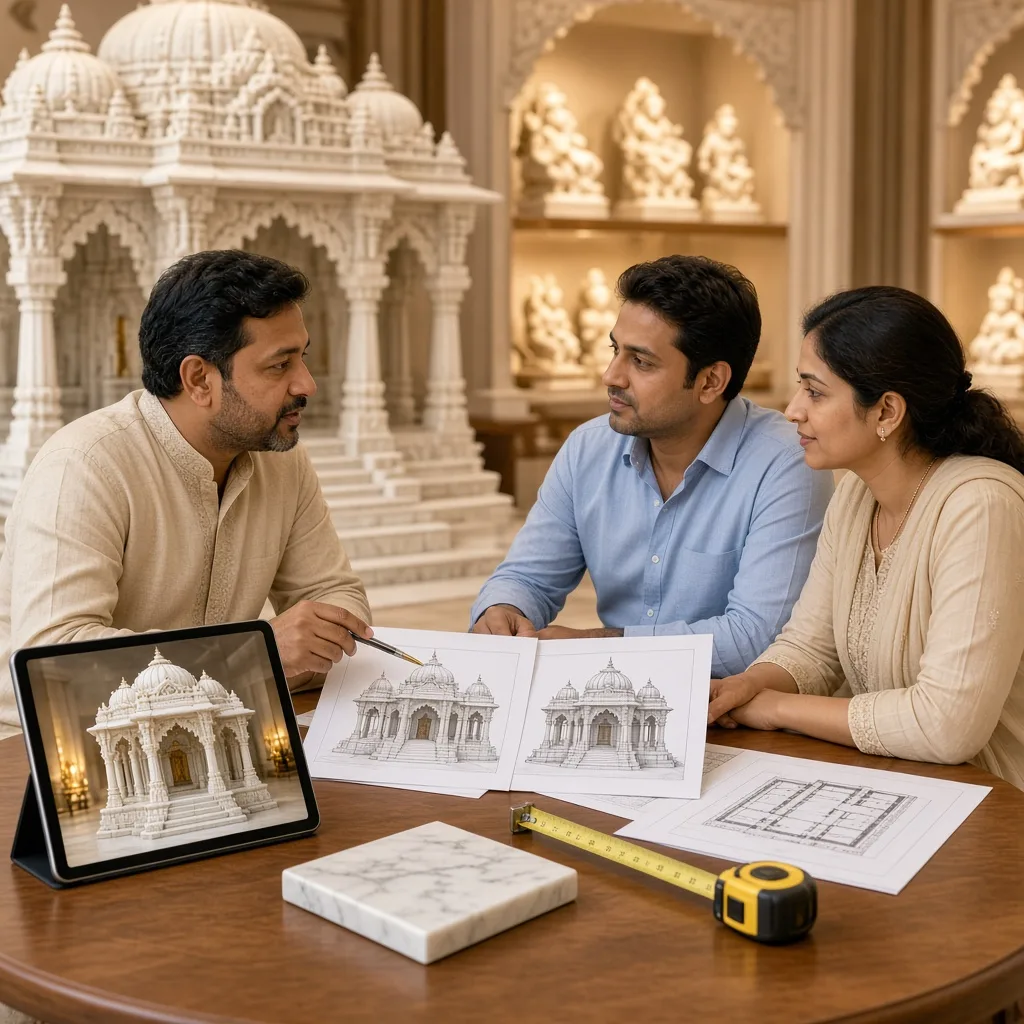 Mateshwari expert discussing marble mandir designs with a family